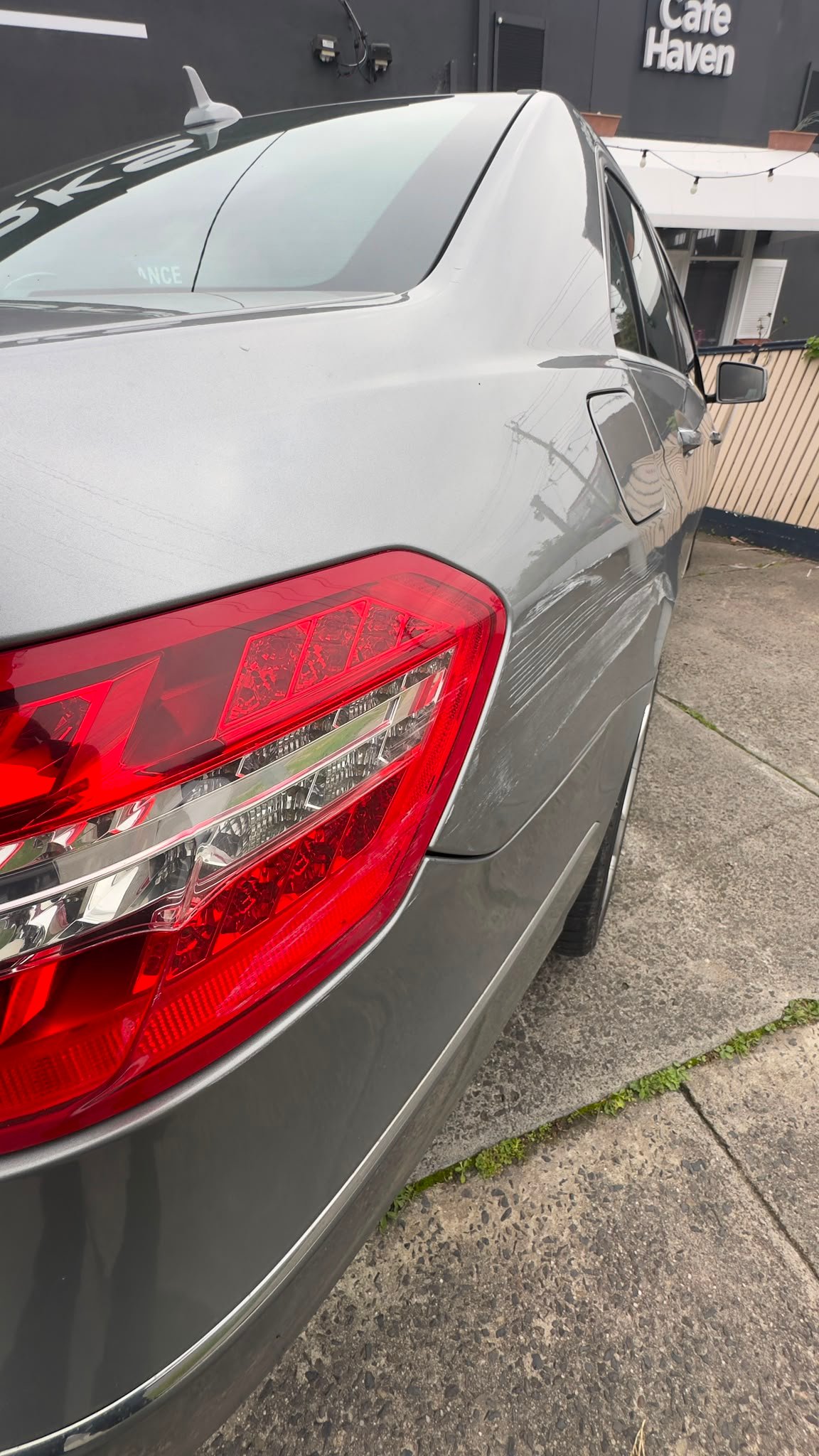 Before: silver Mercedes-Benz rear quarter panel dent and scratch damage at Paintworks Autobody Melbourne